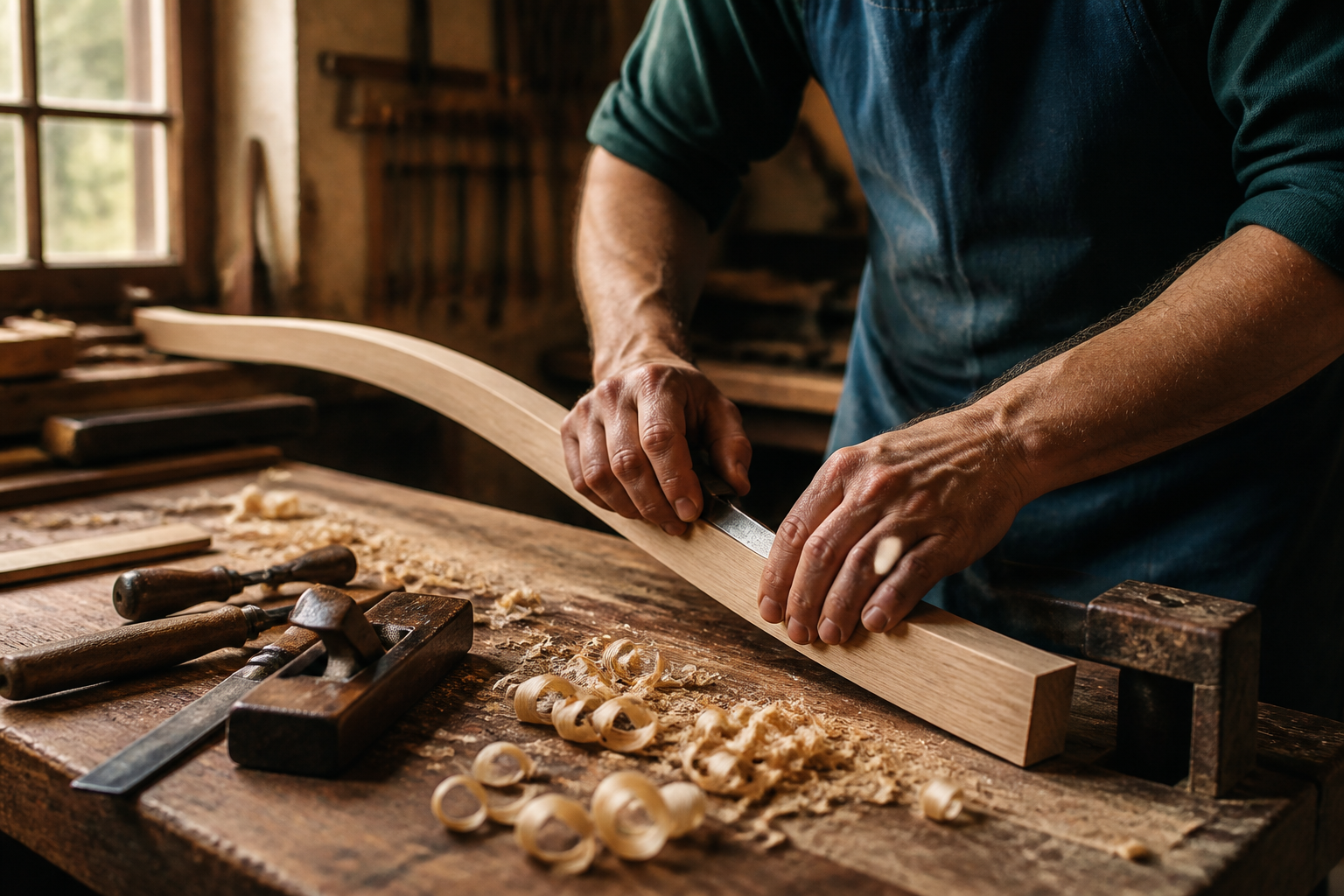 Austrian craftsman shaping a bed slat by hand